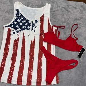SherryDC 3 Piece Bikini Set Henley Tank Womens Medium Red American Flag Print